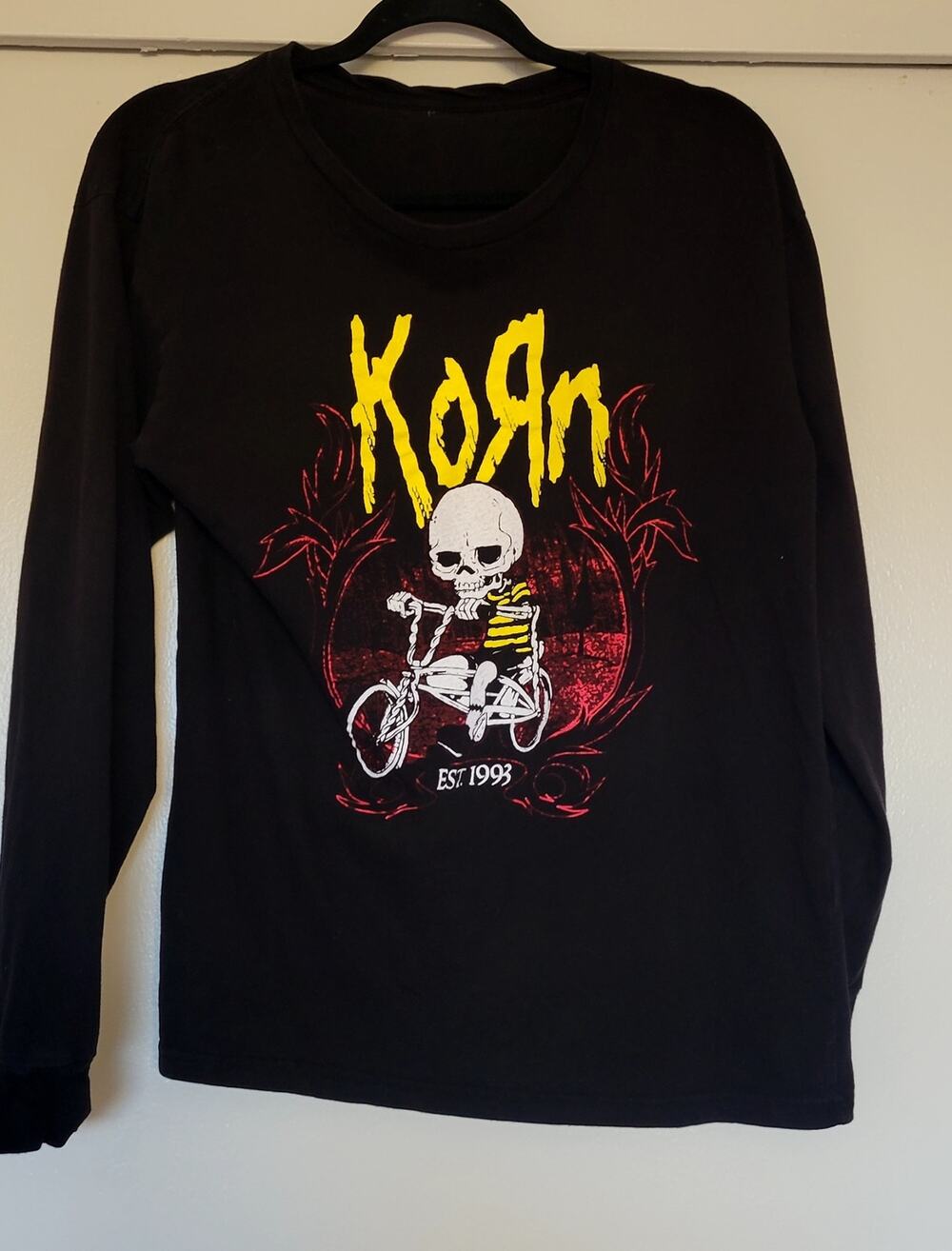 Korn Long Sleeve Graphic Band T Shirt Black Skeleton Bicycle Womens Medium